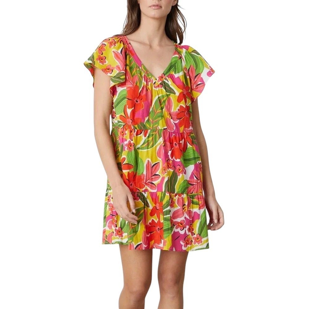 Velvet by Graham & Spencer Floral Tiered‎ Mini Dress Yellow Pink Resort Summer S